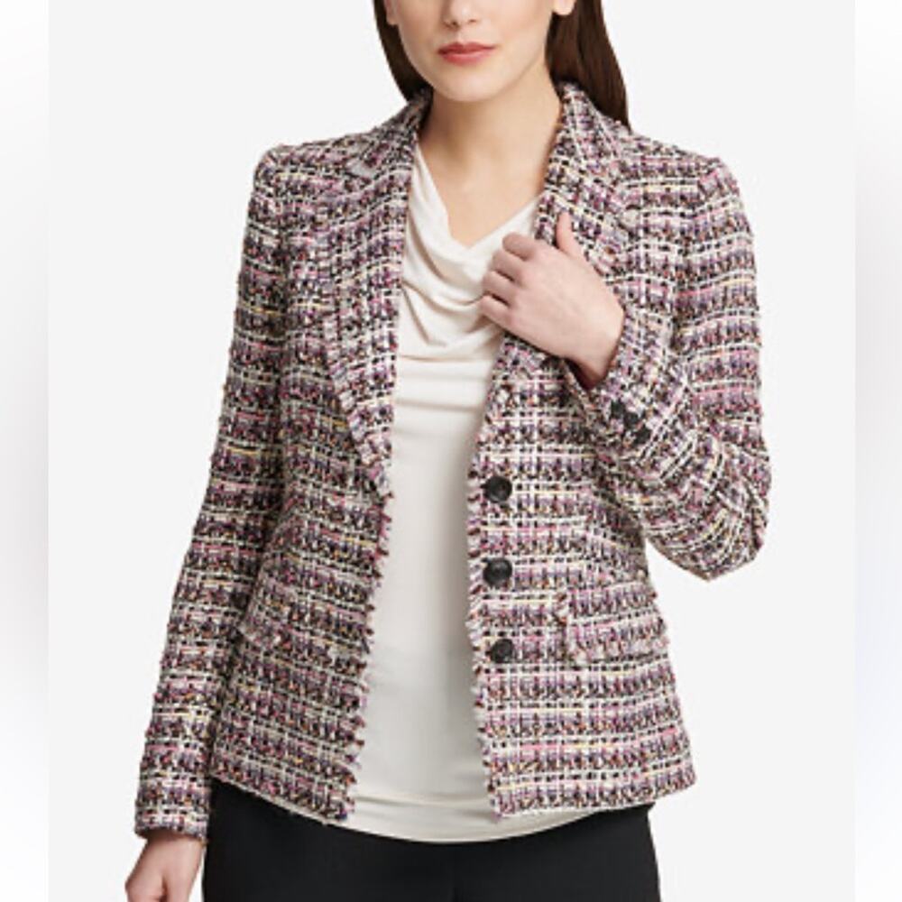 DKNY Colorful Tweed Fringe Button Blazer Jacket NWOT W1916 Sz 6 - Picture 2 of 9